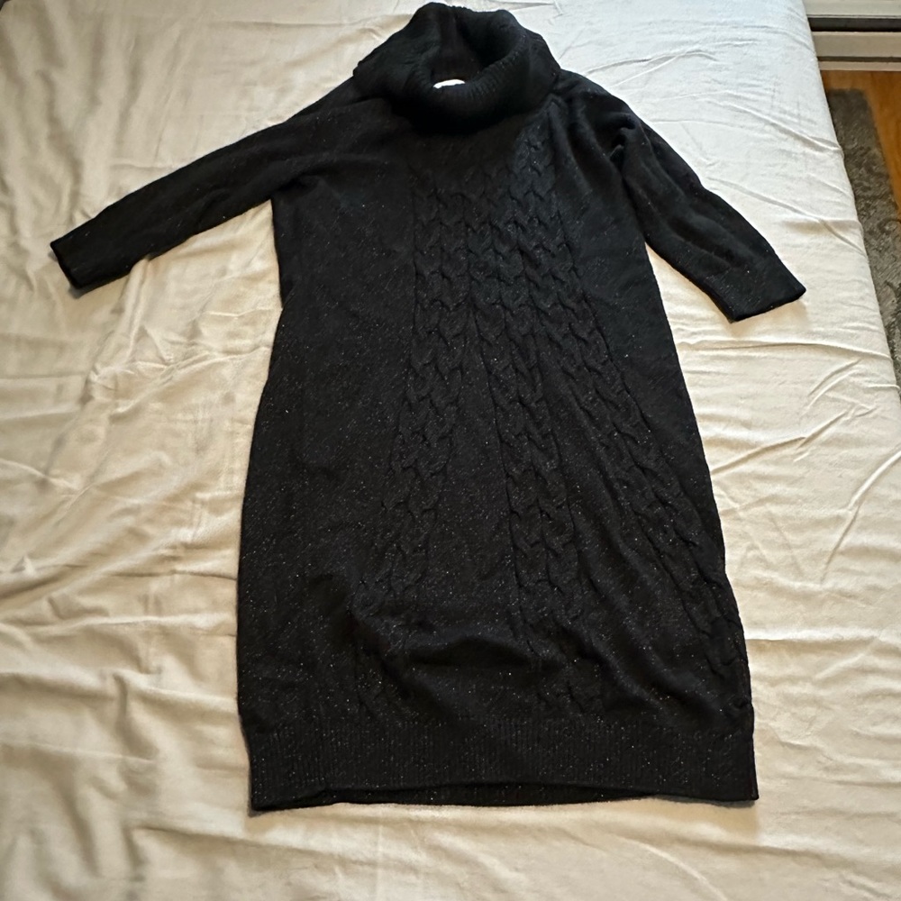 3/4 Sleeve Black Shimmer Mock Neck Sweater Dress-Large
